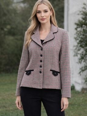 Sweet Suit  | Vintage Tailored Houndstooth Red Black Classic Jacket 14 W